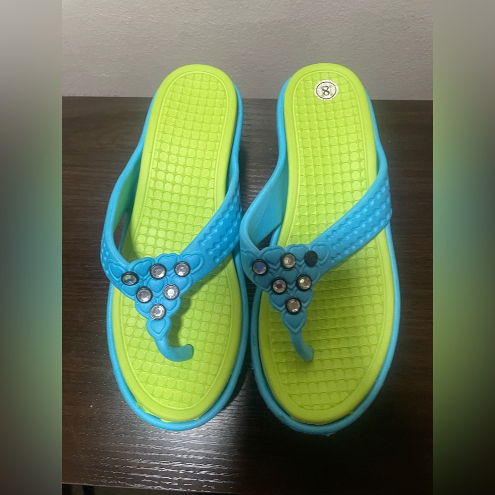 Vibrant Blue and Green Memory Foam Flip Flops with Gem Accents